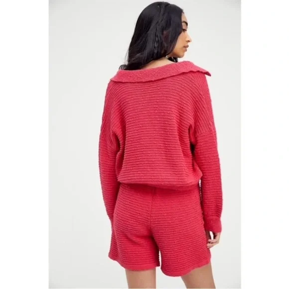 Free People Beach Carter Collared V Neck Polo Sweater Textured Fuchsia - Picture 7 of 7